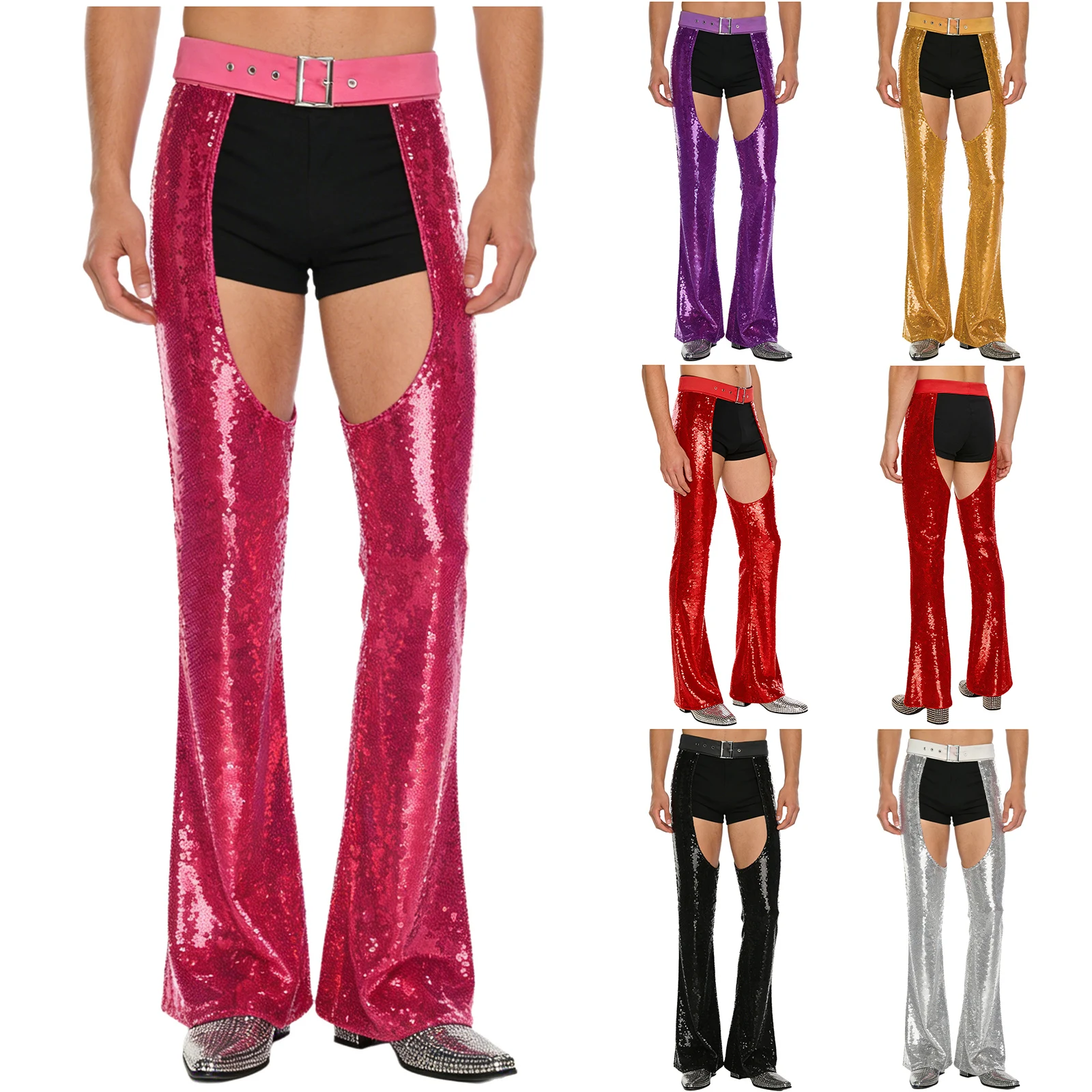 남성 카니발 에지 디스코 재즈 댄스 팬츠 허리 크로치 부분이 비어있는 풀라이닝 플레어 팬츠 카우보이 찹스 팬츠 테마 파티용