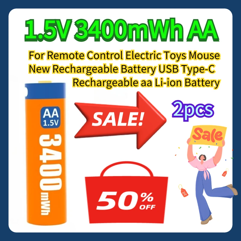 

2pcs For Remote Control Electric Toys Mouse New 1.5V 3400mWh AA Rechargeable Battery USB Type-C Rechargeable aa Li-ion Battery