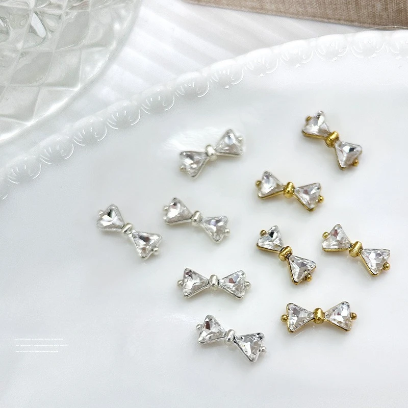 10Pcs Silver French Bow Alloy Nail Charms,handmade stacked shiny rhinestone ornaments for trendy press-on manicure decor