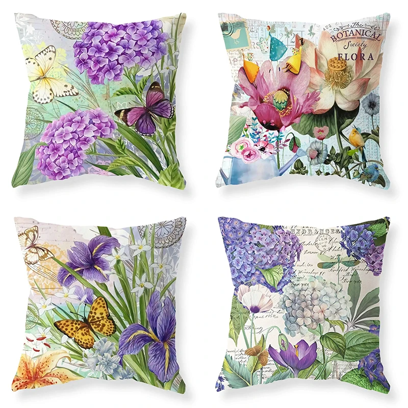 Retro Lavender Lotus Butterfly Print Pillowcase Living Room Sofa Cushion Cover Bedroom Room Home Decor 45x45cm