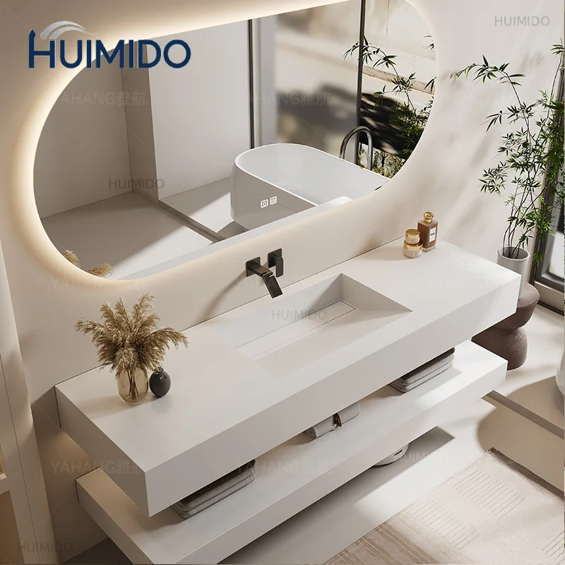 Custom-Designed Slanted Basin Bathroom Furniture Vanity Set with Integrated Stone Slab Single/Dual Basin Sink Modern Vanity Set