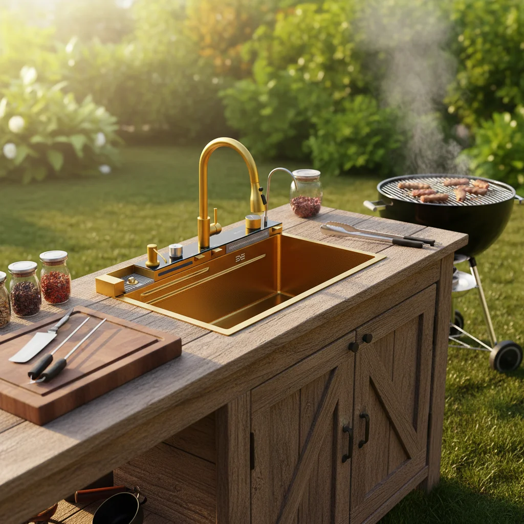 Sink,Gold SUS Smart Single Bowl Square Stainless Steel Handmade Kitchen Sink With Waterfall Design And Digital Display
