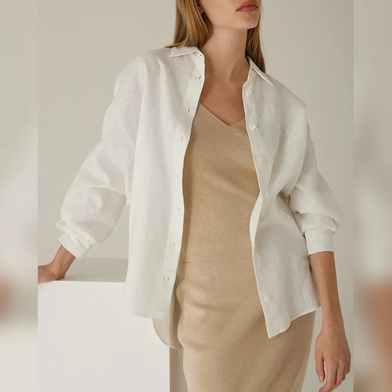 

100% Linen French-Style Shirt with Side Slit for Woman 2026 Spring/Summer New Arrival Casual Loose Shirts Women's Top Cardigan