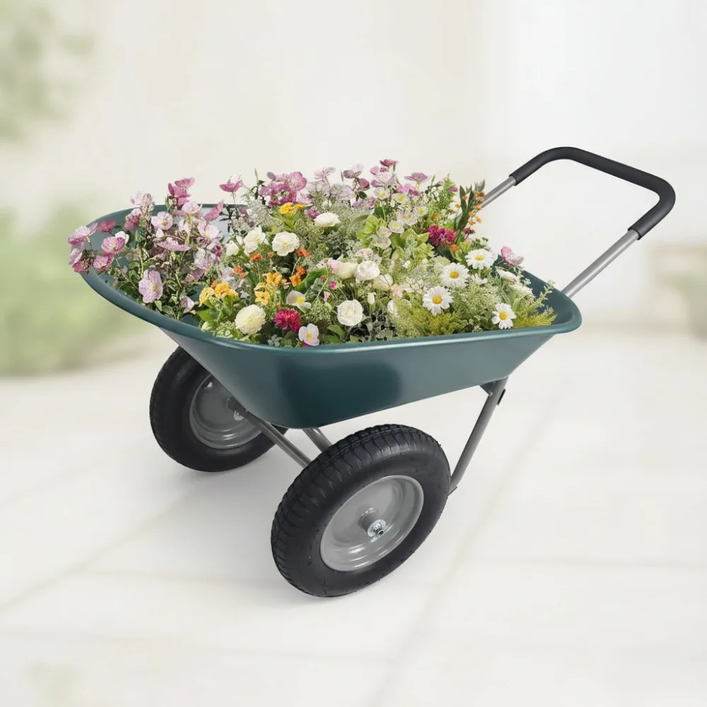 

Heavy Duty Dual Wheel Garden Cart with Built-in Stand - 300 lbs Capacity Utility Wheelbarrow for Home Yard