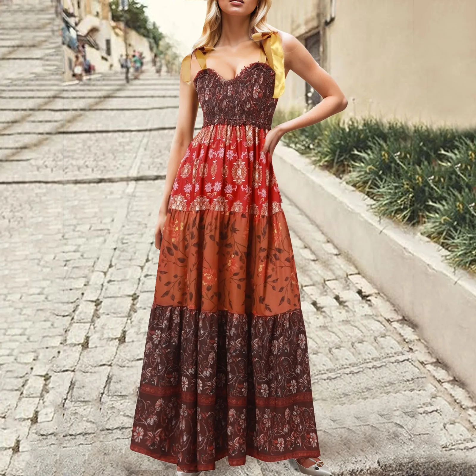 Women Summer Dresses Flowy Smocked Floral Maxi Dress Casual Sleeveless Tie Shoulder Boho Dresses Beach Sundresses 2024