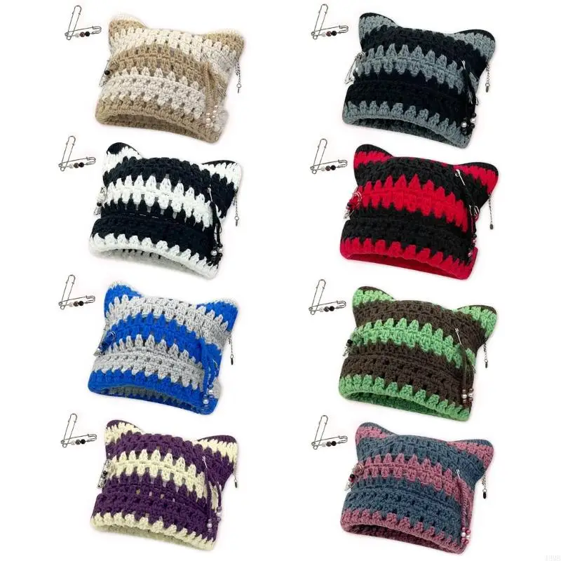 

49MB Y2K Devil Striped Knitted Hat for Adult Windproof Foldable Winter Hat Handmade Ear Keep Warm Cycling Hat