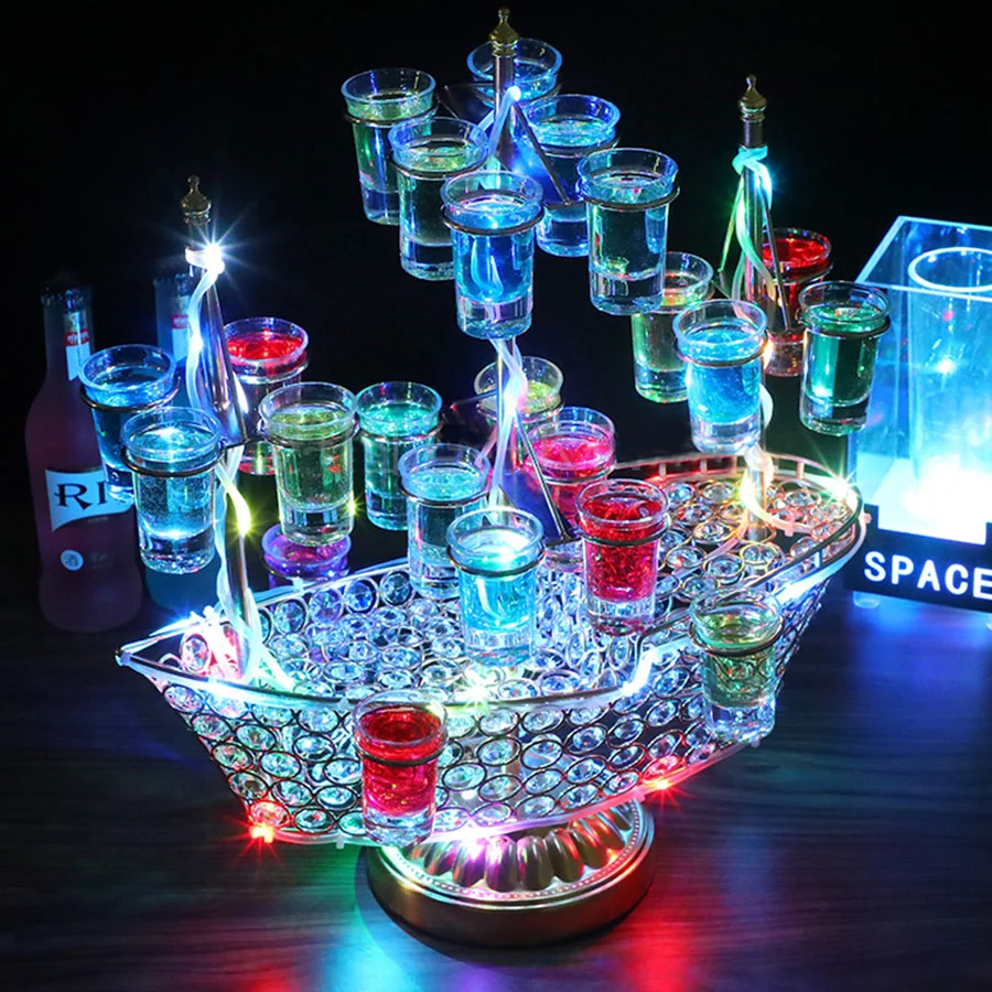 LED Rechargeable Boat Wine Holder 24 Holes Cocktail Cups Tray Ship Stand VIP Service Shot Glass Display Wine Sailboat Rack Decor