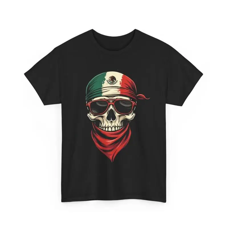 

Mexican Flag Colors Skeleton Art Cool Skull with Bandana T Shirt