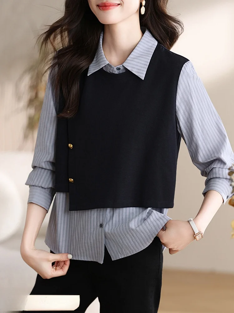 

Женская осенне-зимняя модная универсальная рубашка в полоску с длинными рукавами в гонконгском стиле, имитирующая двухслойный топ, скрывающий живот