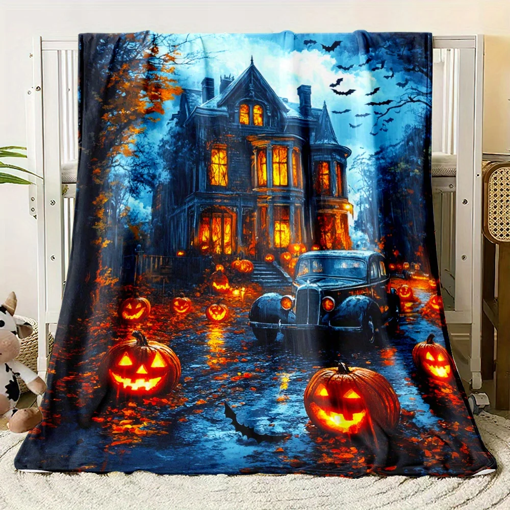 Spooky Halloween Mansion Old Car Jack O Lantern Bat Art Pattern Flannel Blanket Light Cover For Couch Bed Daily Household Use