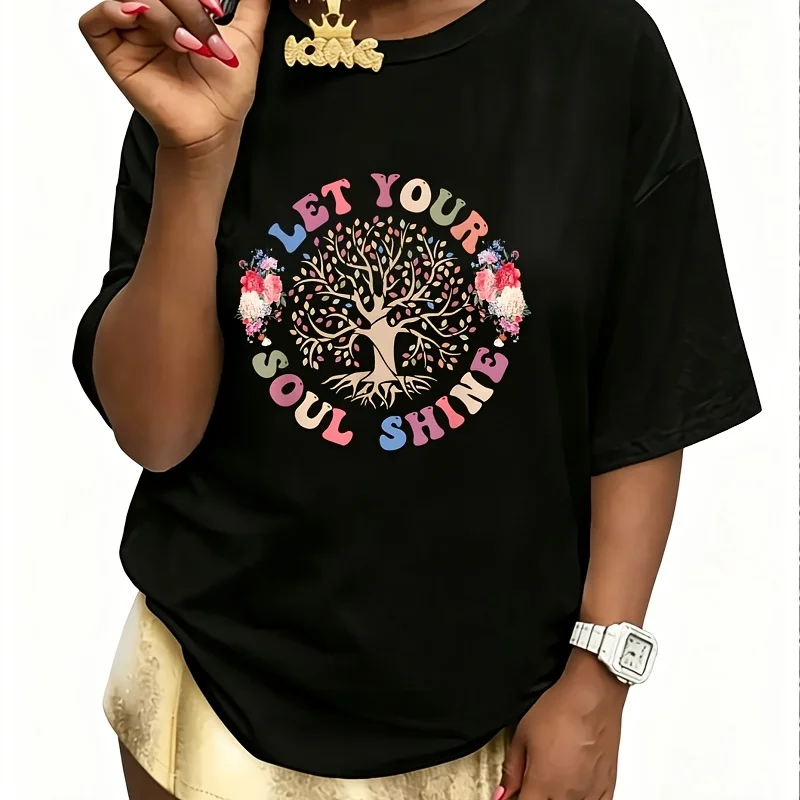 Floral Let Your Soul Shine Women's 100% Cotton T-Shirt Fun Print Short Sleeve Top Casual Round Neck Tee S-5Xl