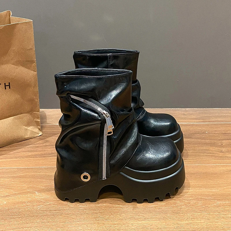 الشتاء منصة سميكة وحيد امرأة حذاء من الجلد تصميم حزام مشبك الانزلاق على الأحذية فاسق نمط الجلود فارس قصيرة Bottes فام #1