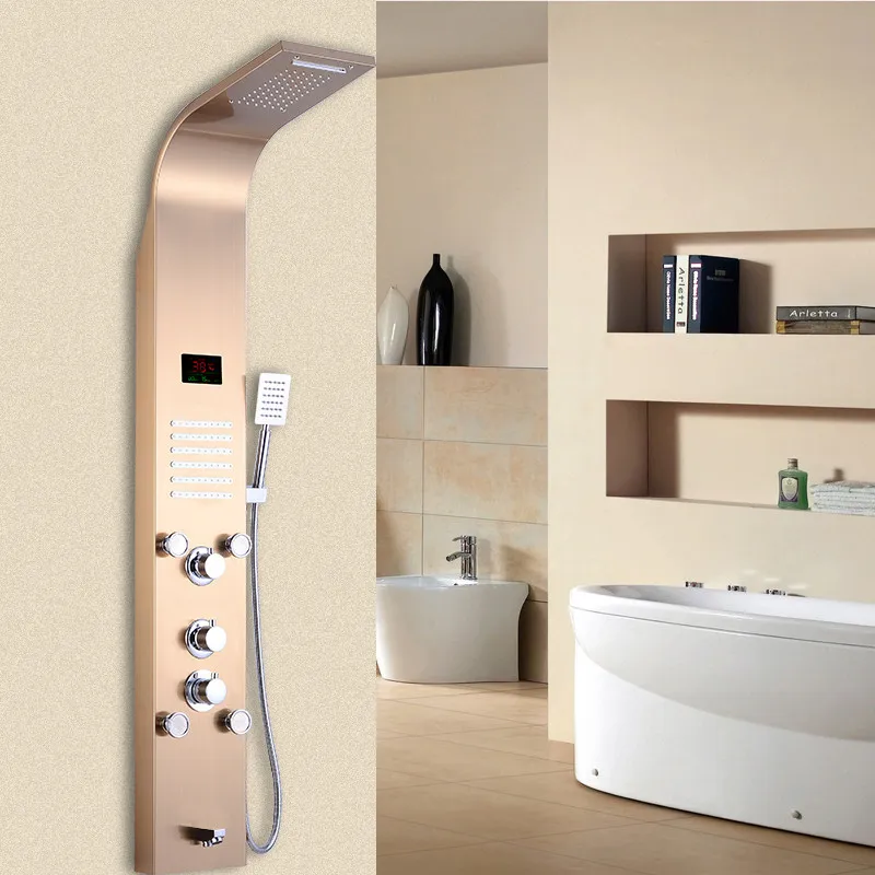 

Modern Black Gold Brushed Nickel Shower System Wall Mounted Multi Function 5 Spray Mode Ceramic Valve Core Easy Install