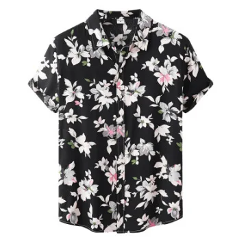 

Flip Collar Short Sleeved Button Up Shirt, Fashionable Gradient Color, Plant Print, Simple and Comfortable Casual Style