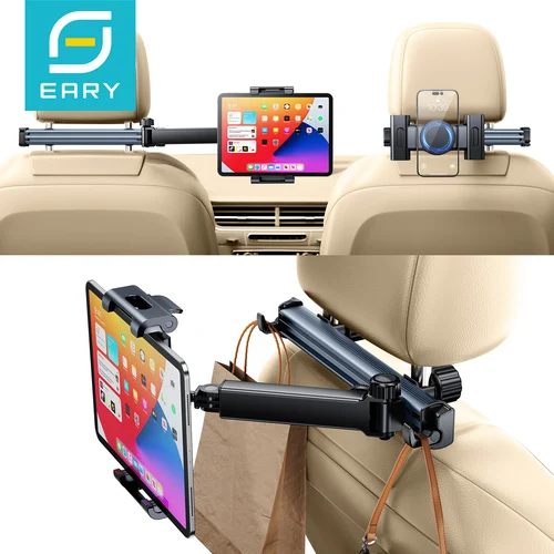Imagen 1 del producto Soporte para tableta Eary para reposacabezas de coche asiento trasero soporte para teléfono giratorio 360 brazo largo ajustable con 2 ganchos apto para dispositivos 4,7-12