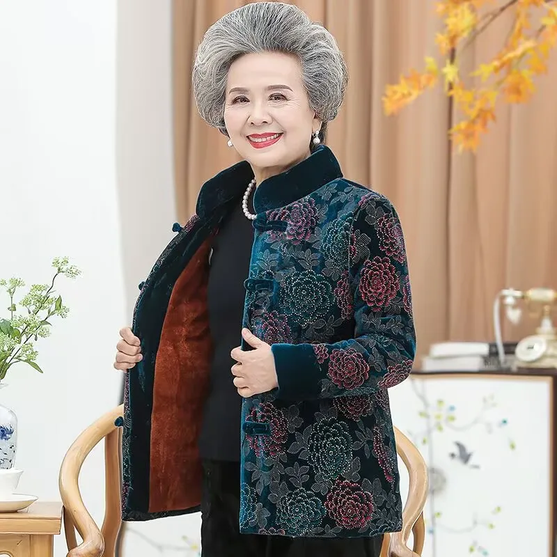 Middle-aged Old People Winter Jackets Fashion Print Add Velvet Parkas Grandma Thick Cotton Padded Mother's Clothes Female Coat