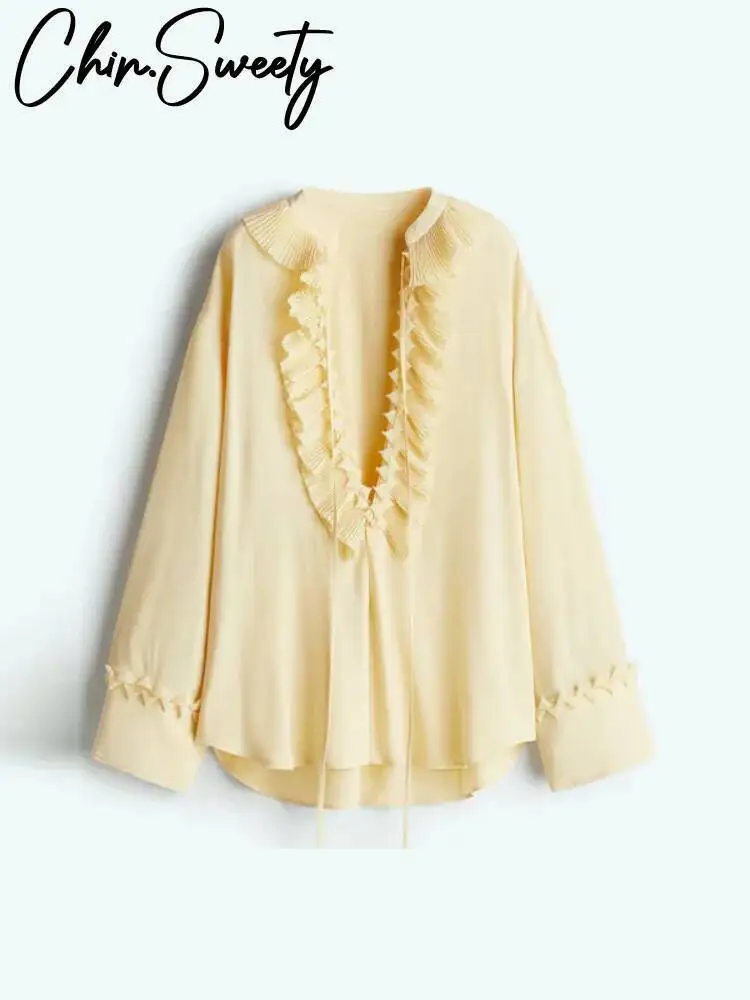 أنيقة الدانتيل يصل بلوزة صفراء تنورة مجموعة المرأة فضفاضة كاملة مضيئة كم الخامس الرقبة أعلى طويلة مطوي التنانير 2025 الصلبة الصيف سيدة البدلة