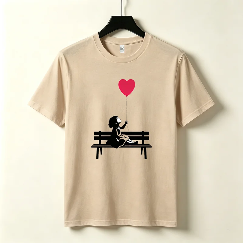 Heart Balloon Bench Girl Graphic T-Shirt Romantic Black Red Print Cotton Short Sleeve Tee Casual Streetwear for Men Women