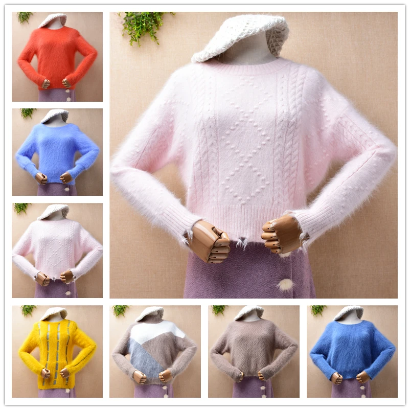 04 Ladies Women Fall Winter Clothing Hairy Colored Angora Rabbit Hair Knitted O-Neck Slim Blouses Pullover Jumper Sweater Pull