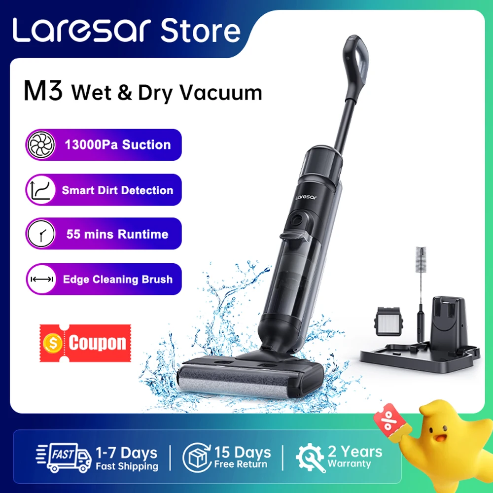 Laresar M3 Aspirador sem Fio para Limpeza a Seco e a Úmido, Design para Limpeza de Bordas, 55min de Autonomia, Controle Automático de Sucção, Lavadora de Piso com Autolimpeza, Aparelho Inteligente.