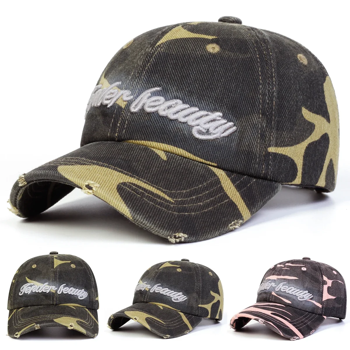 Unisex Leauty Baseballkappen mit Buchstabenstickerei und Camouflage-Muster für Frühling und Herbst, Verstellbare Freizeithüte, Sonnenschutzhüte, Sportkappen
