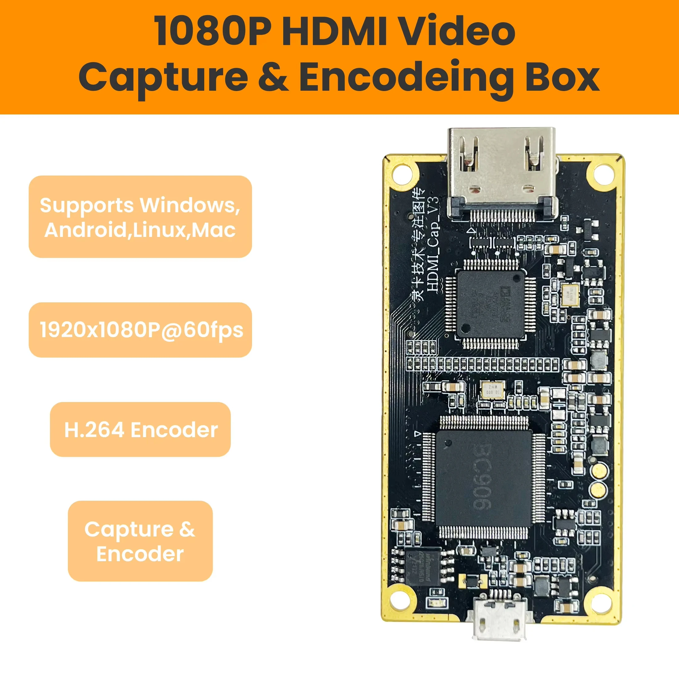 بطاقة التقاط الفيديو HDMI إلى USB H264/MJPEG Encoder، 1080p60، للبث المباشر والمراقبة ومسجل الألعاب (UVC/UAC، OSD) LCC260