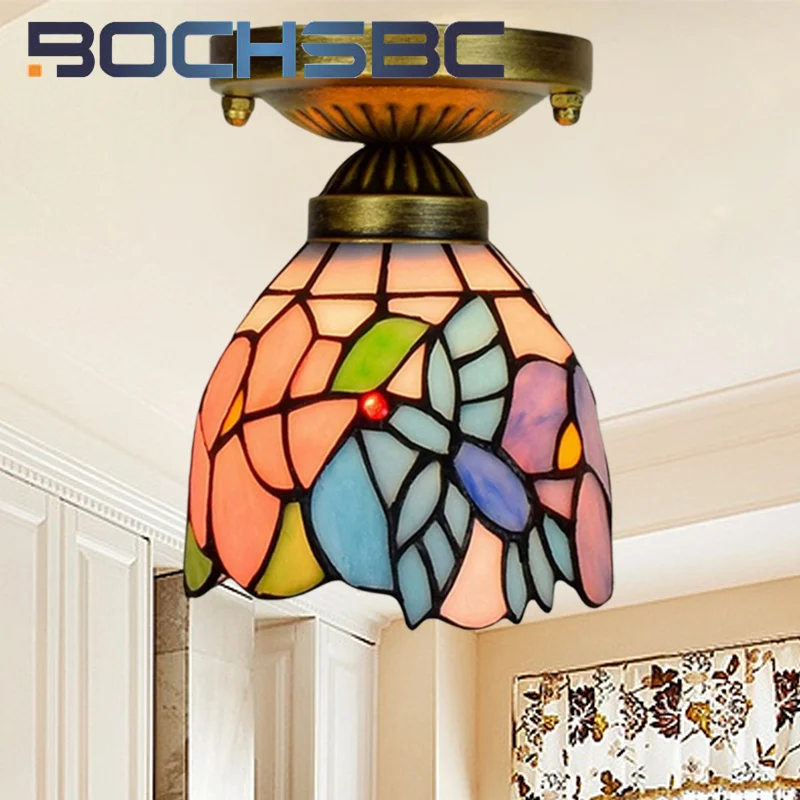 BOCHSBC Tiffany style stained glass 6inch pink bird chandelier ceiling light for bedroom study hallway hallway balcony LED decor