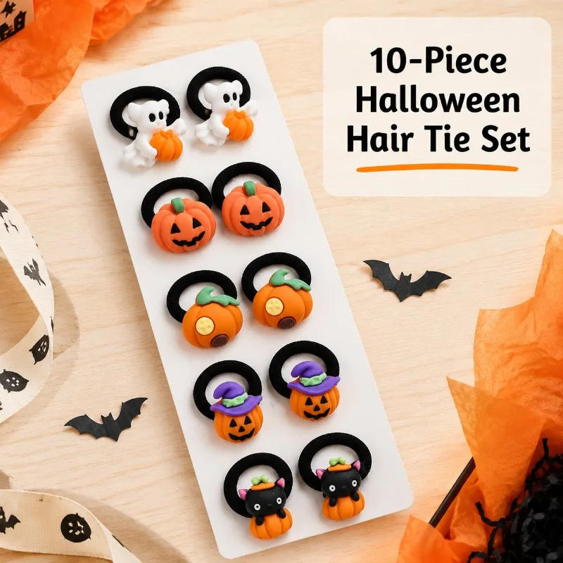Halloween Kids Hair Ties Cute Pumpkin Ghost Cat Soft Elastic Ponytail Holders Girls Hair Accessories for Party Daily School