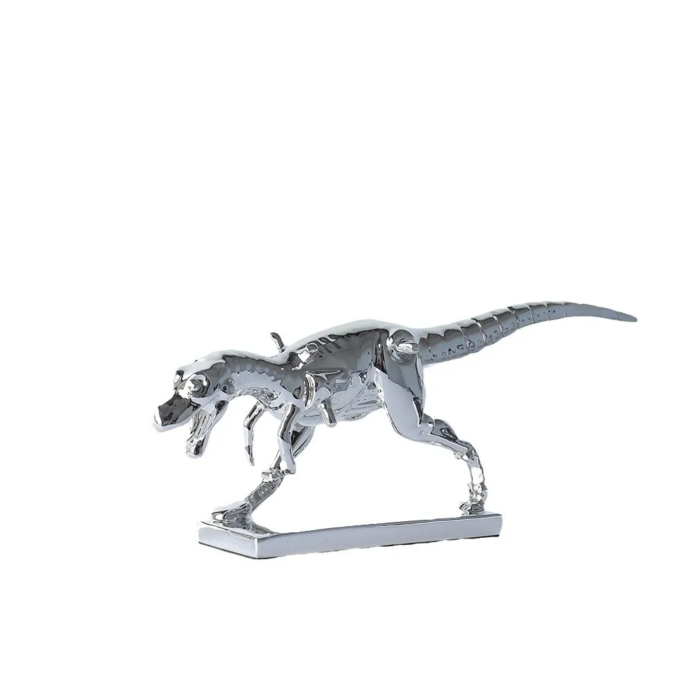 Modern Luxury Mechanical T-Rex Dinosaur Statue, Silver Electroplated Metal Sculpture Ornament for Study Desk Living Room Wine