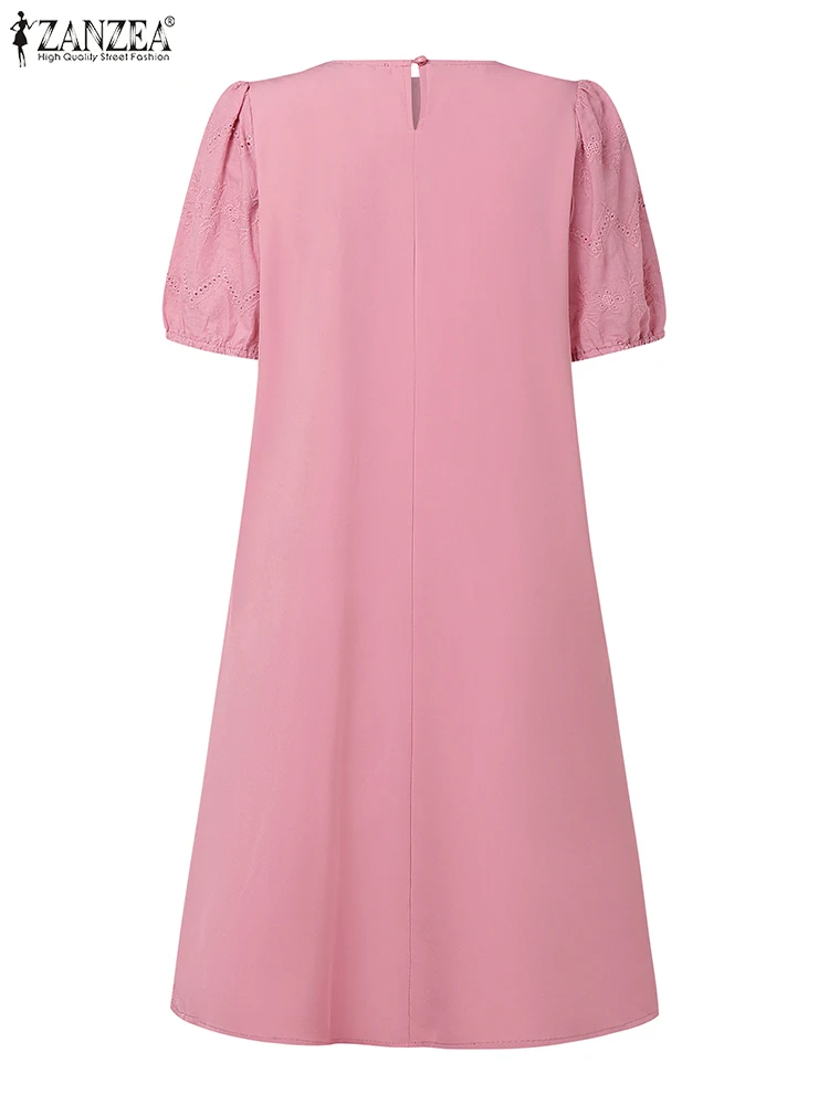 ZANZEA Openwork Embroidered Knee-Length Dress Women 2025 Summer Short Puff Sleeve O-Neck Patchwork Solid Color Dresses 4 Colors