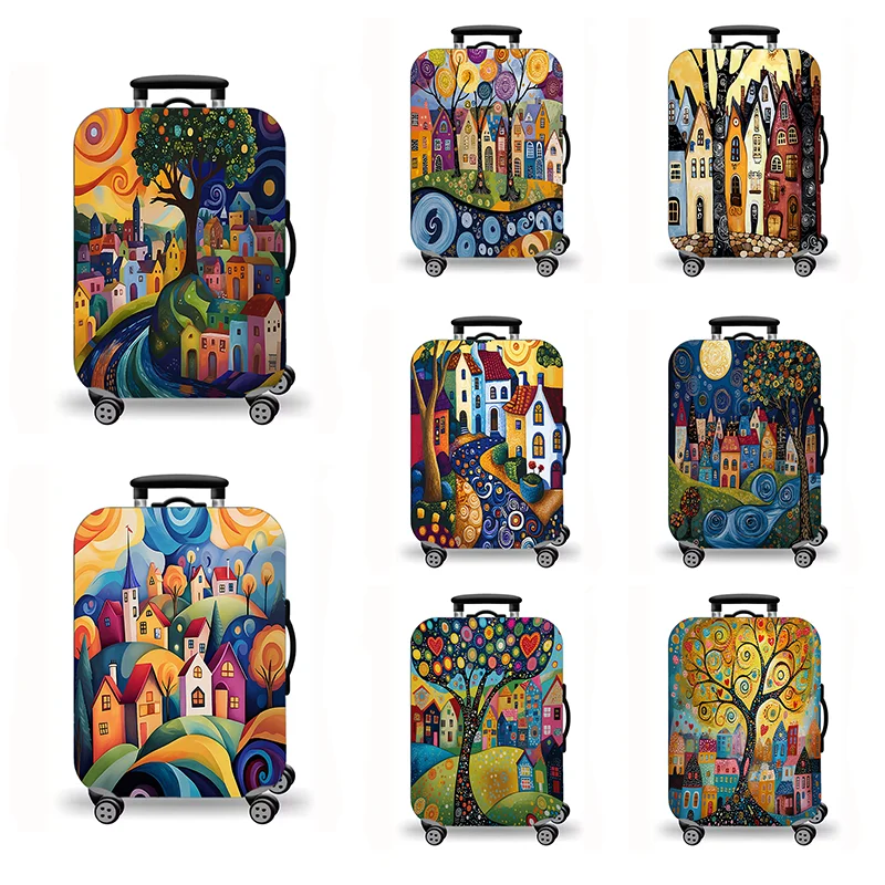 Luggage Cover, Colorful Fairy Tale Town Folk Art Print Stretch Suitcase Protector, Washable Anti-Scratch Travel Baggage Cover