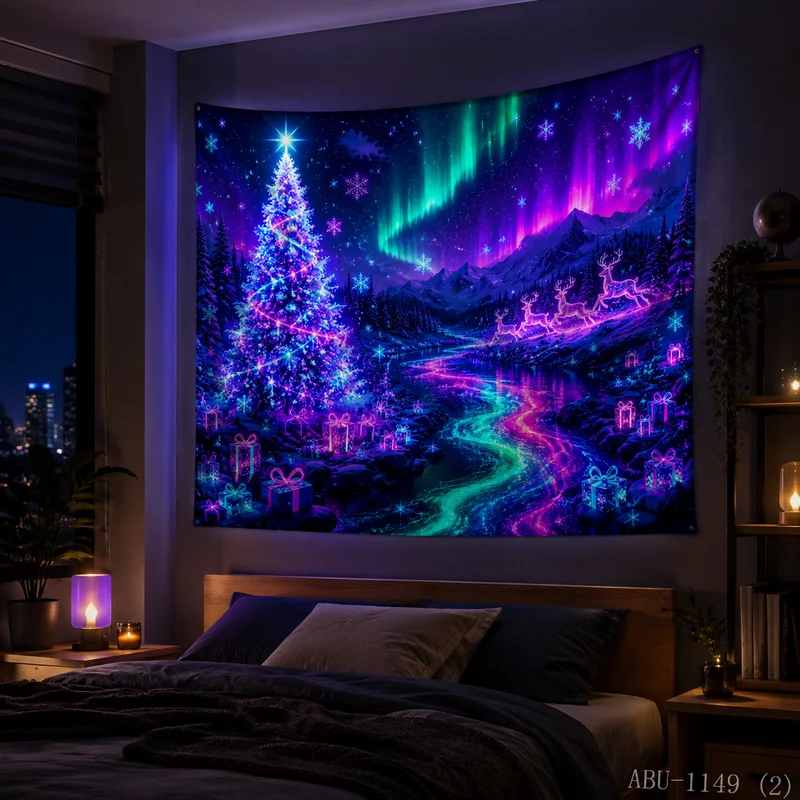 VIKAMA Aurora Snowy Stream Elk Christmas Tree Christmas Tapestry, High-Def Background, Peaceful Festival Atmosphere