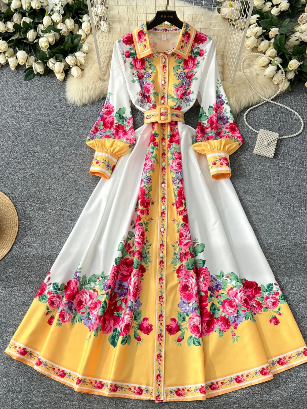 2025 New Retro Printed Long Dr with Lantern Sves And Waist Cinching Single Button High Waist A-Line Korean Sle Commute