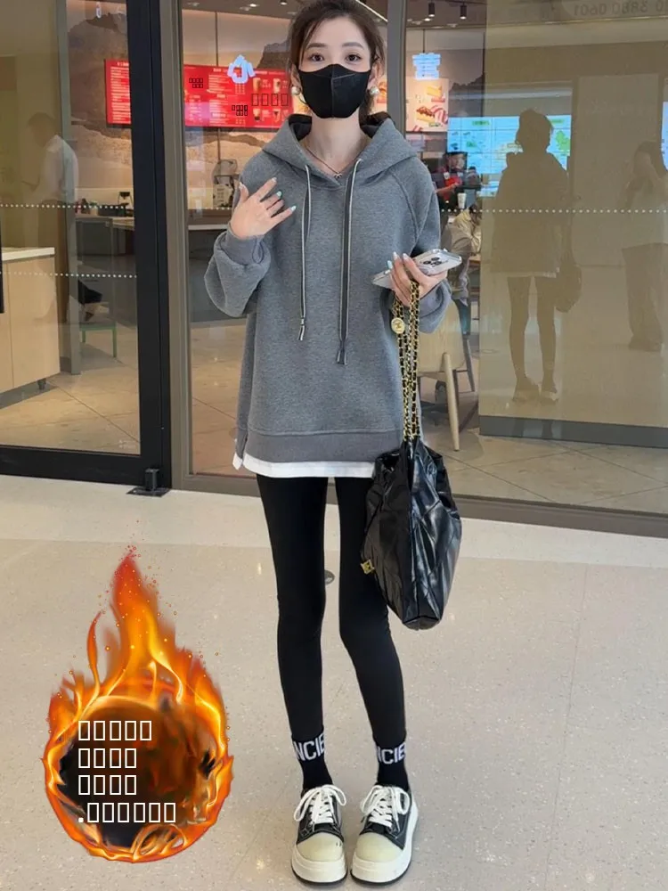 

Женская толстовка с капюшоном и вышивкой, утепленная флисом, осенне-зимняя новинка, универсальный топ, скрывающий живот, повседневная уличная одежда