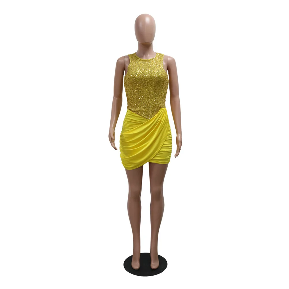 New Fashion Yellow Sequins Sleeveless O-neck Evening Vestidos Patchwork Irregular Ruched Bodycon Birthday Club Dresses for Women