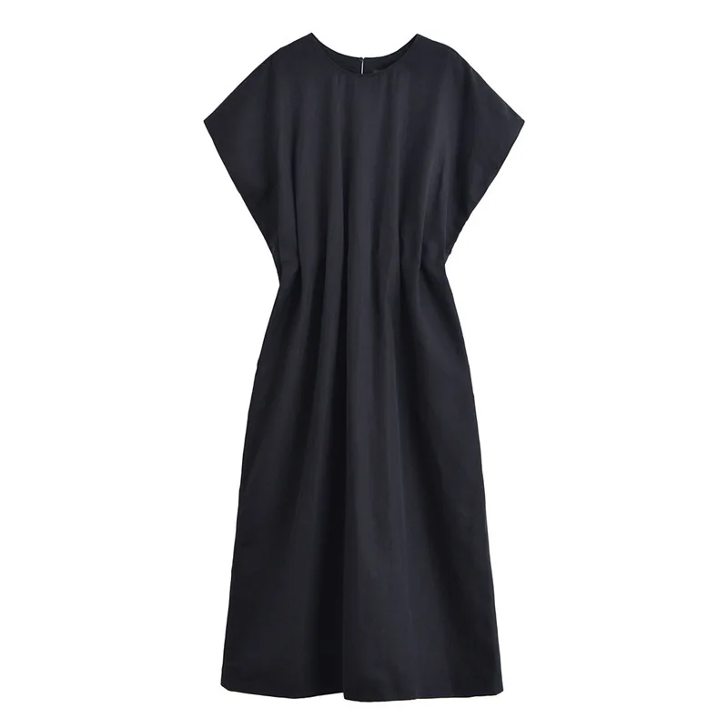 

Elegant Black Pleated Long Dresses Women Fashion High Waisted O Neck Short Sleeves Loose Robe Chic 2025 Lady Holiday Street Wear