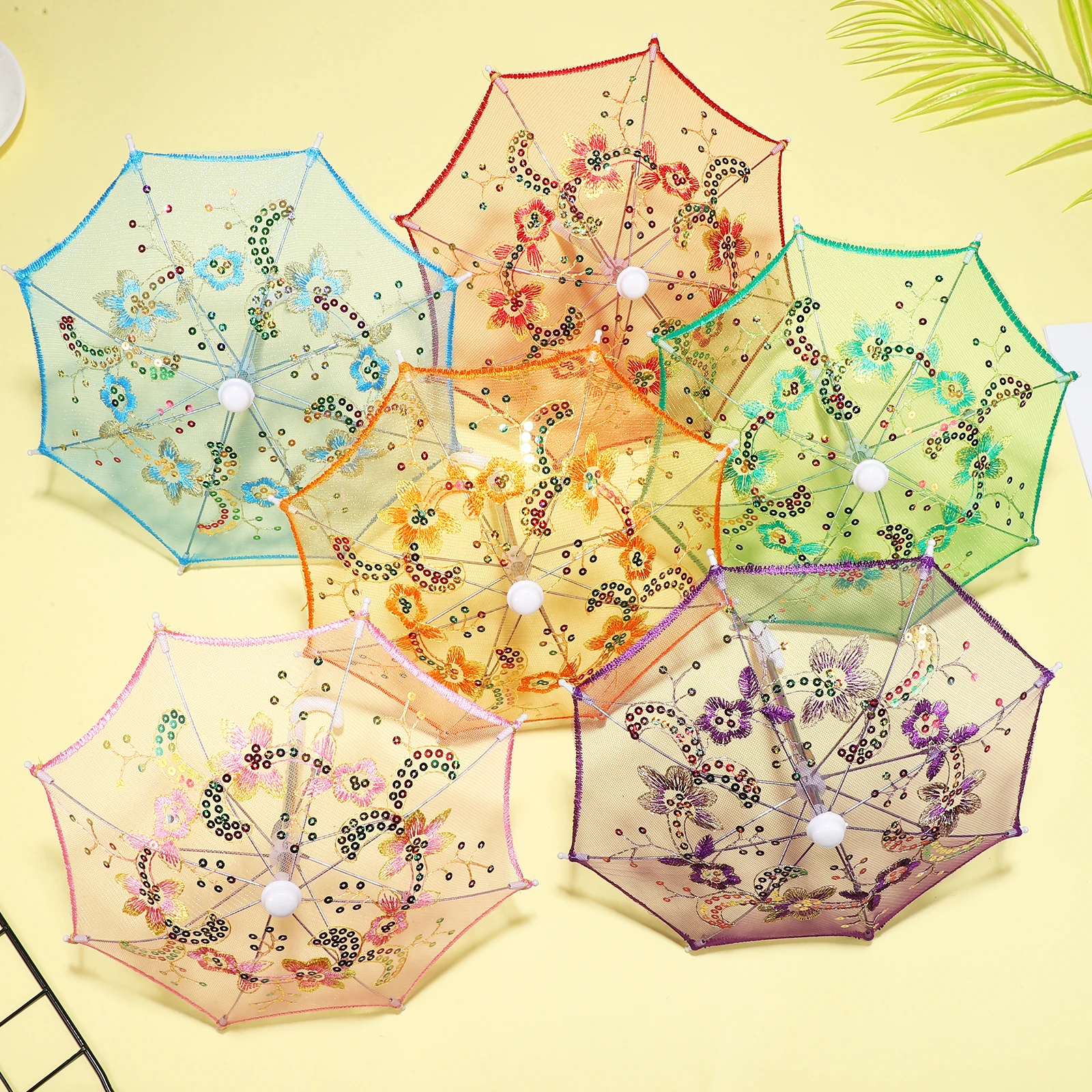 

6 pcs Mini Decorative Umbrella 28x22cm Lace Parasol Red Pink Green Blue Purple Orange Wedding Photo Prop Tiny Umbrella