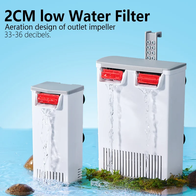 Filtro de tanque de tortuga de doble salida, caja de filtro de terrario de tortuga de bajo nivel de agua, purificador de agua de esponja Bio silencioso de gran capacidad