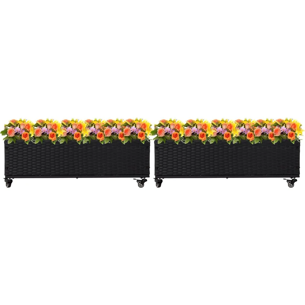 

Set of 2 Rattan Garden Raised Bed on Lockable Wheels - Outdoor Wicker Planter Box with Liner