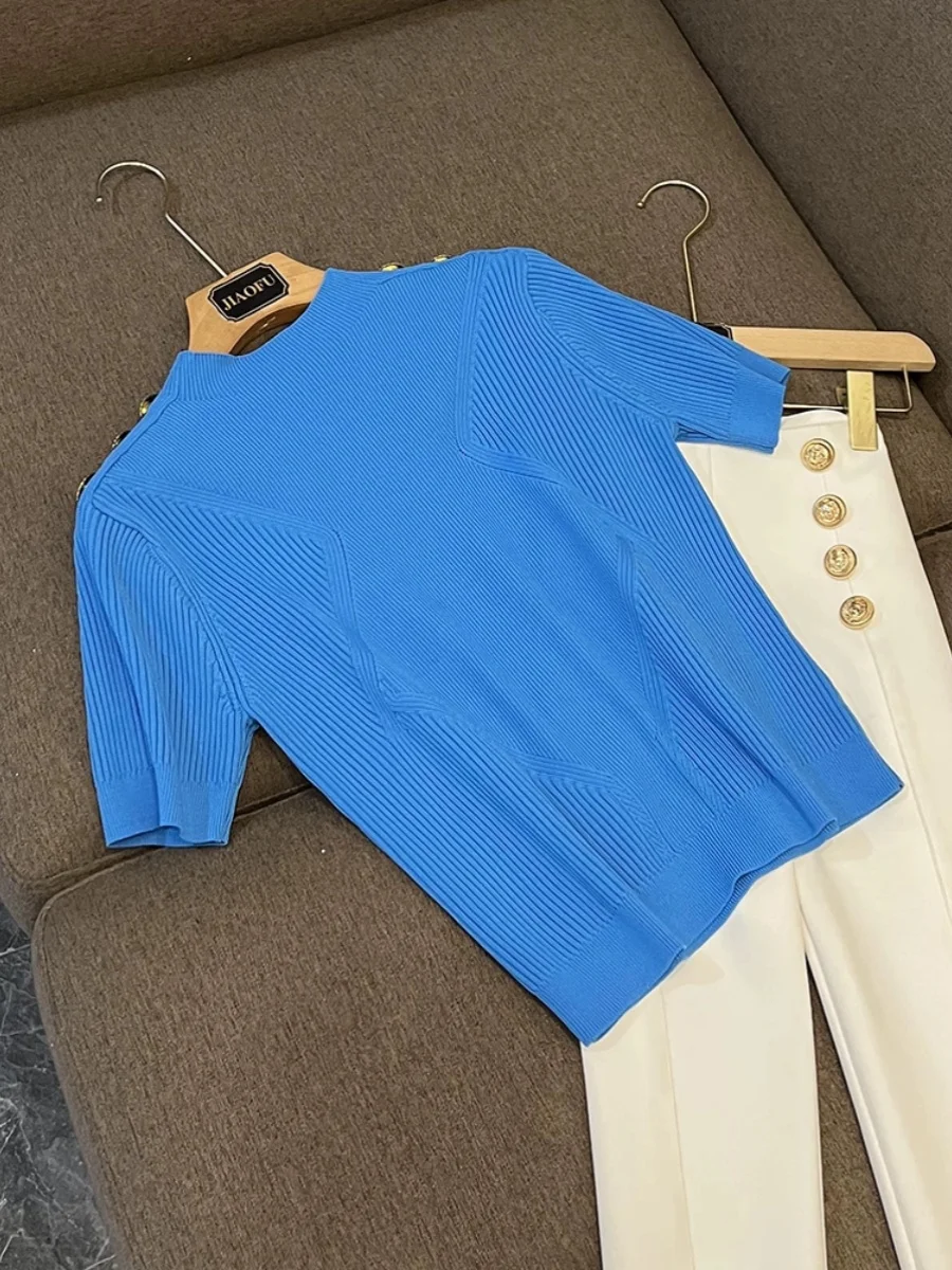 

Женская футболка высокого качества ort Sve oulder Bule Classic Sle, вязаный топ, модная осенне-зимняя мода D20367