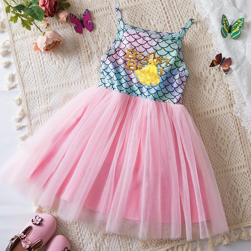 Beauty and the Beast Kids Girls Princess Dresses Printed Baby Clothes Cotton Sleeveless Sling Mermaid Dresses Birthday Costume