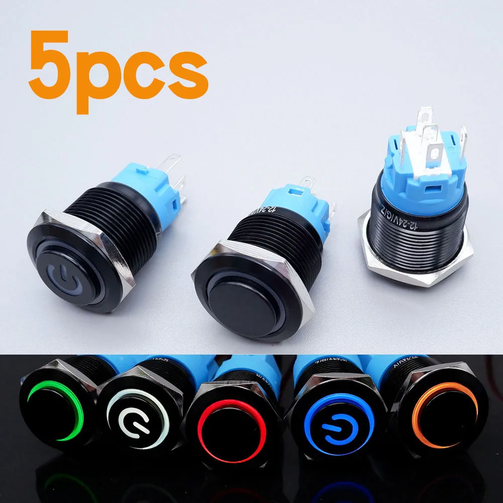 5PCS Metal Push Button Switch 16/19/22mm LED Light For Car Motorcycle Waterproof Fixed Self Reset Latching Metal On Off 12V 5V