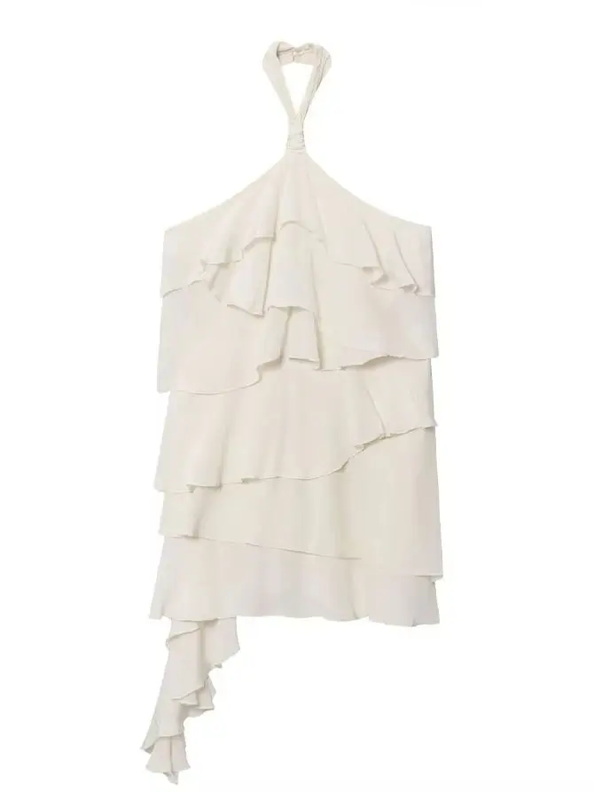 Hh feminino verão chique mini vestido sólido halter pescoço sem costas em camadas decorar zíper moda feminina vestidos sem mangas 2025