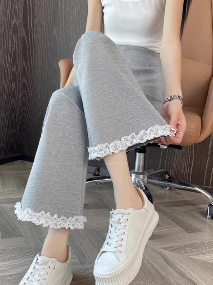 Thin High Waisted Ankle-Length Pants Baggy Fashion Women's Casual Sports Pantalones Lace Patchwork Bootcut Trousers Spodnie