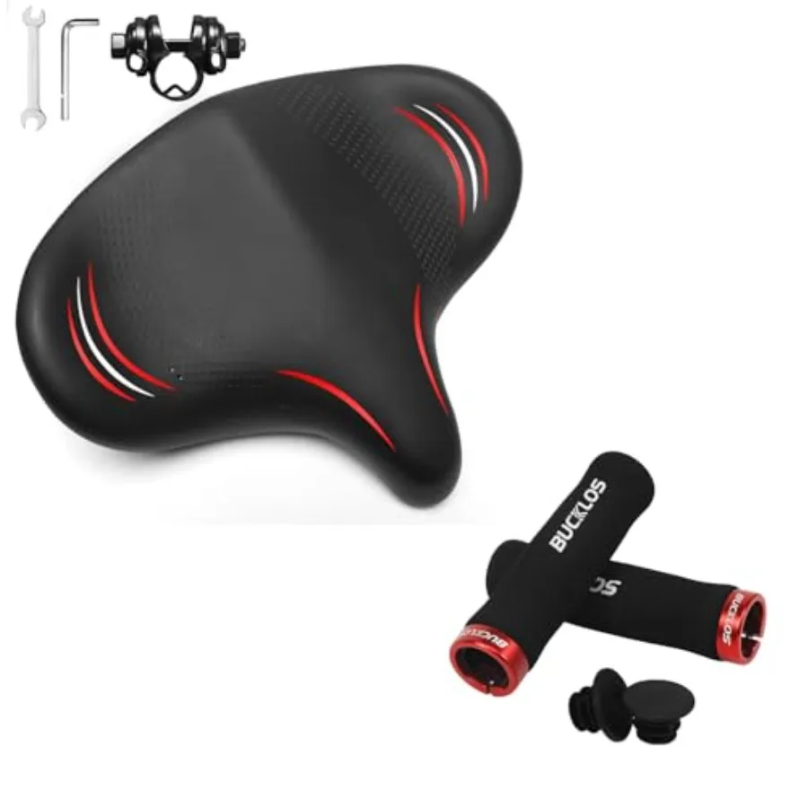 

Comfortable Bike Seat Cushion Wide Bicycle Saddle and Sponge Handlebar Single Lock on Bike Grips-Red