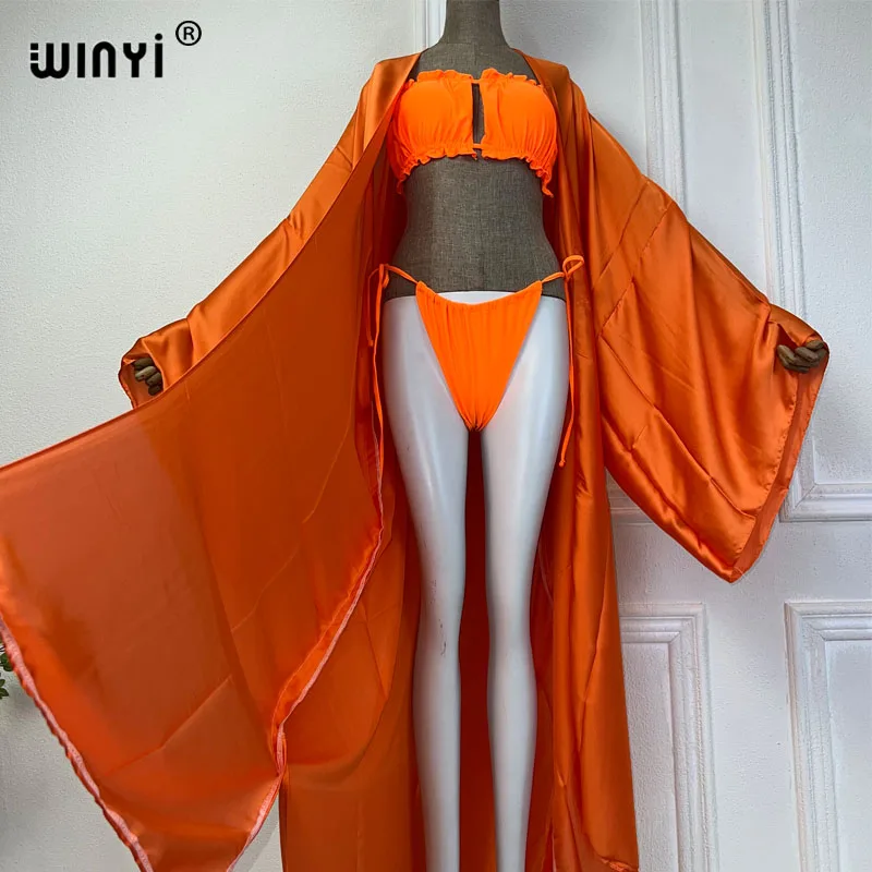 WINYI-vestidos de verano para mujer, conjunto de Bikini de color liso, cárdigan de moda, ropa de playa africana, trajes de playa para mujer 2024