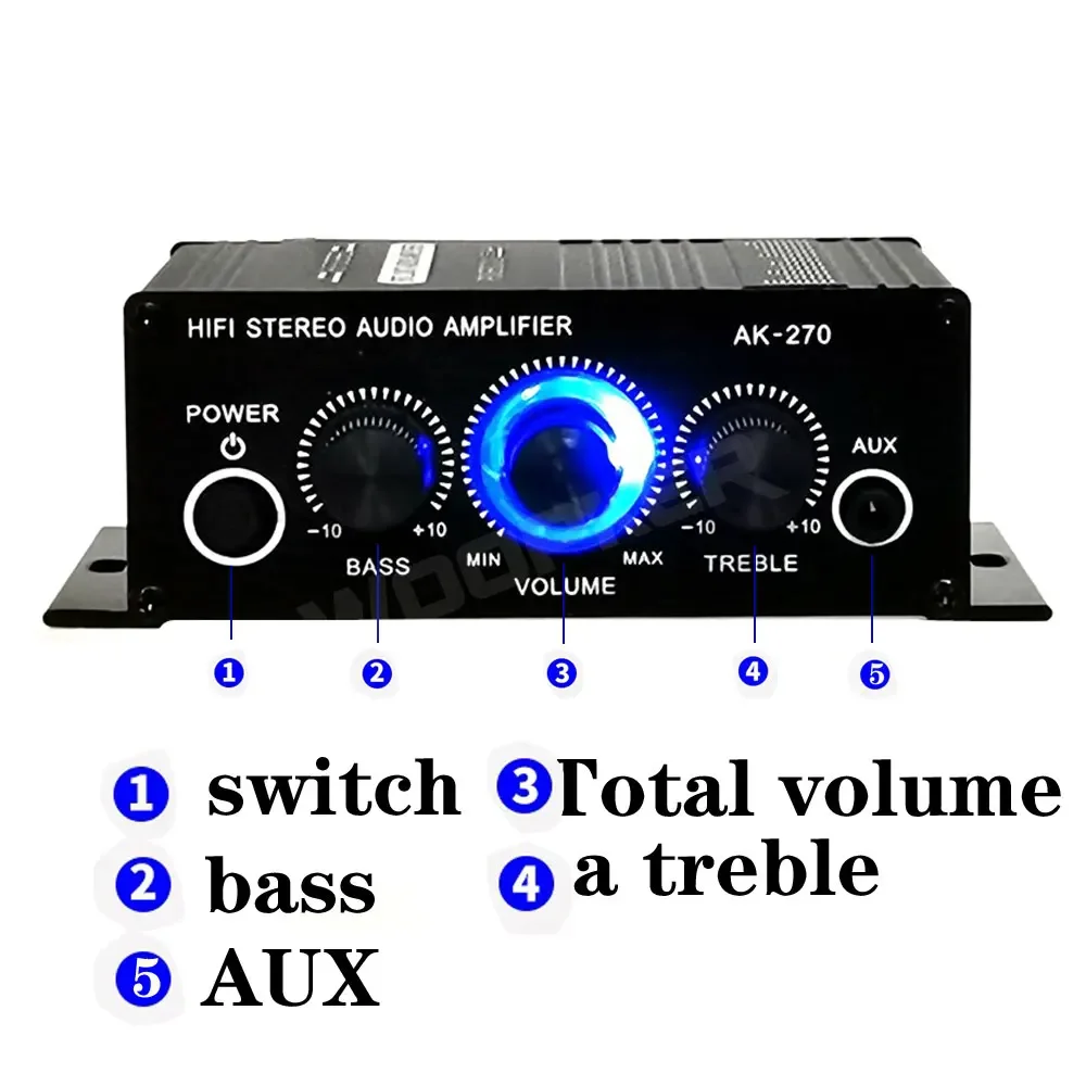Woopker Amplificatore audio AK270 20W × 2 Mini Hifi Amplificatore audio digitale 12V 3A Canale 2.0 Amplificatore di potenza stereo per auto Karaoke domestico