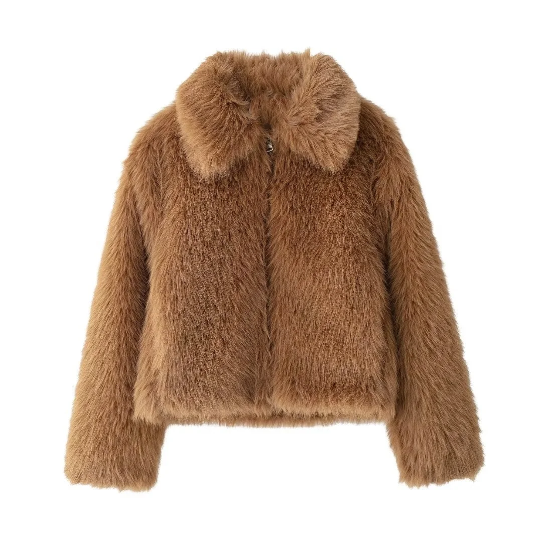 

ZARF2024 new winter women's casual solid color high-end design fashion simple versatile fur lapel coat