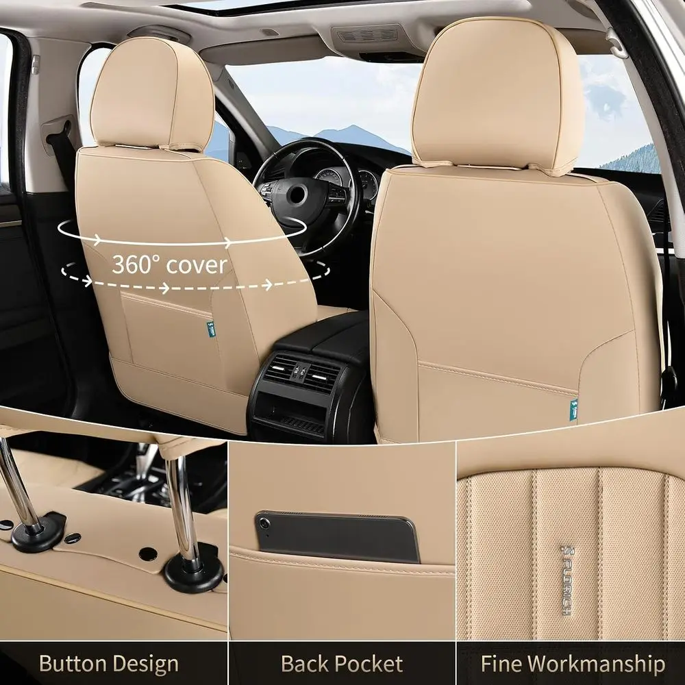 Universal Waterproof Leather Front Seat Covers for Cars, Trucks, and SUVs - 2 Pack, Beige