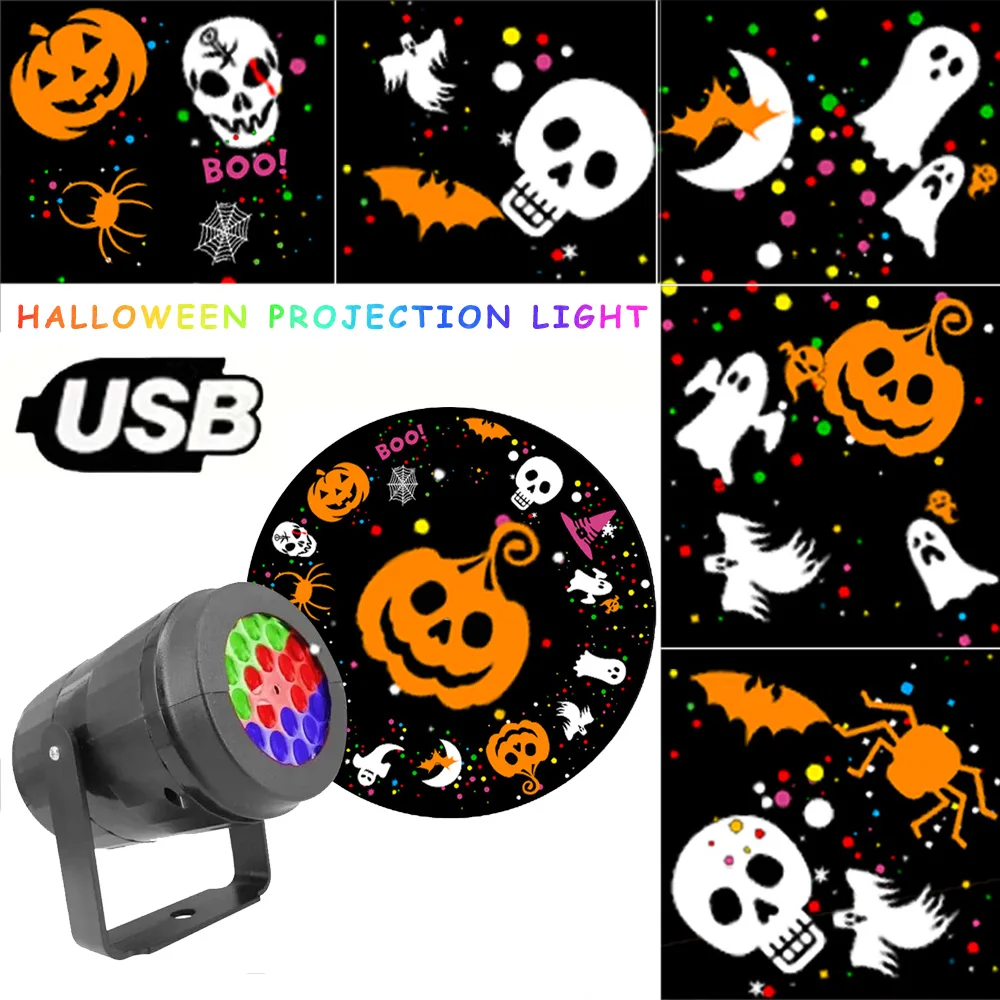 Halloween Decor Projector USB Power LED Light Pumpkin/Skull/Spider/Bat/Ghost/Boo Projection Bedroom Gaming Room Party Fairy Lamp